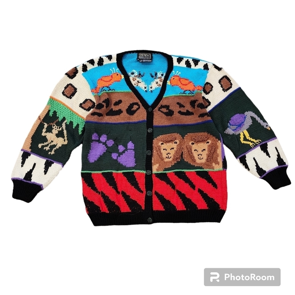 Vintage 80's Berek Marta D handknit cardigan animal sweater - size Medium